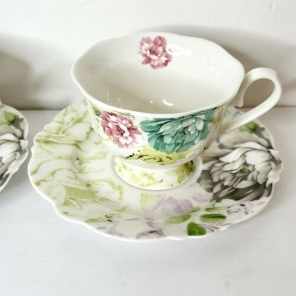 Pulchritudie Eileen's Peony set of 2 teacups & saucers Pink Blue Green 3 in - Picture 6 of 15